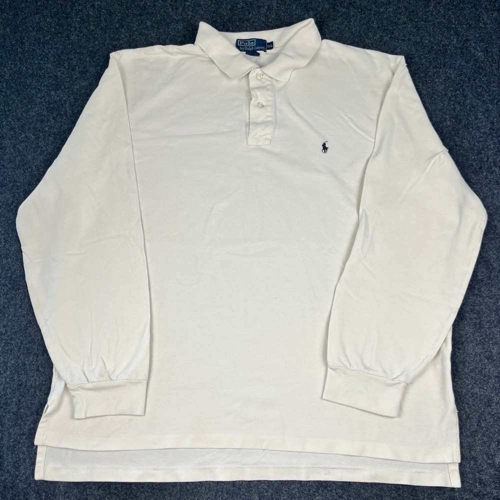 Polo Ralph Lauren Mens XXL Long Sleeve Polo Shirt Cream White Pique Cotton Pony